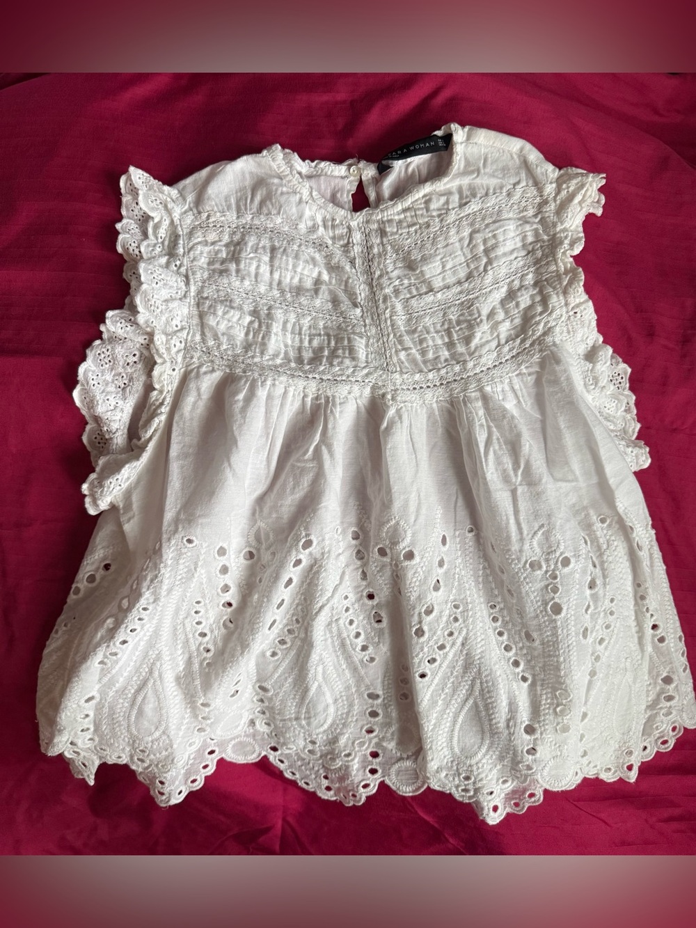 Zara White Eyelet Lace Blouse with Ruffled Sleeves